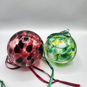 Art Glass Spirit Tree Large Ball Ornaments Green Red Hand Blown Orb Lot of 2